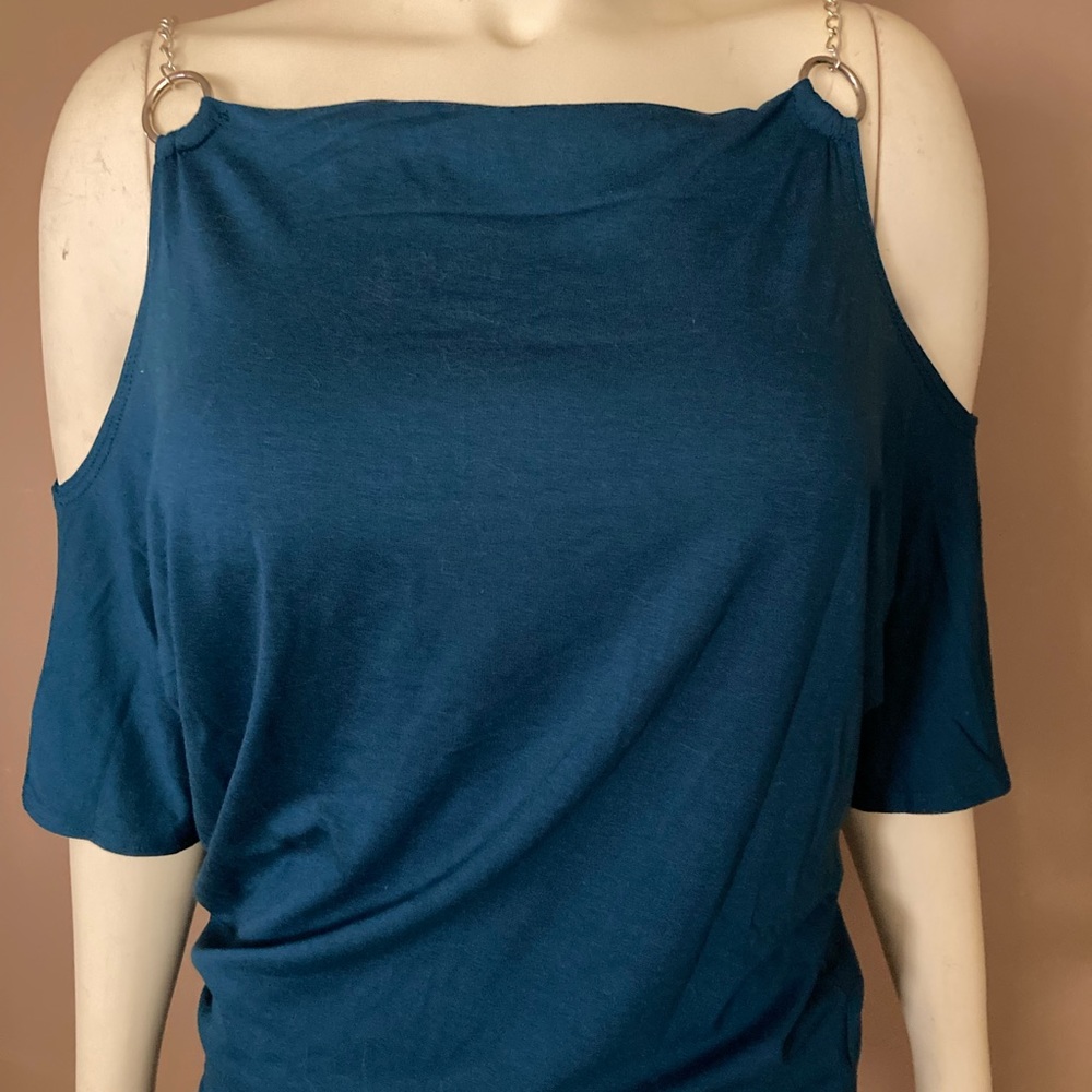 Sexy dark turquoise top with cut out sleeves ad silver chain straps